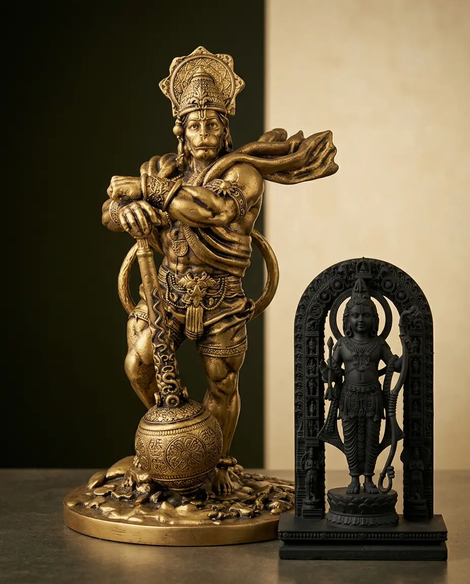 Bajrangbali with the smaller, dark-finish complimentary Ram Lalla miniature